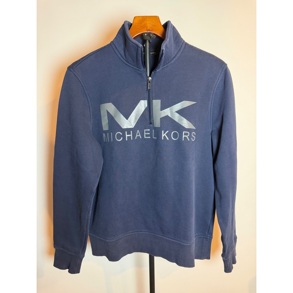 Michael Kors Navy Blue Quarter Zip MK Logo Sweatshirt Pullover Medium